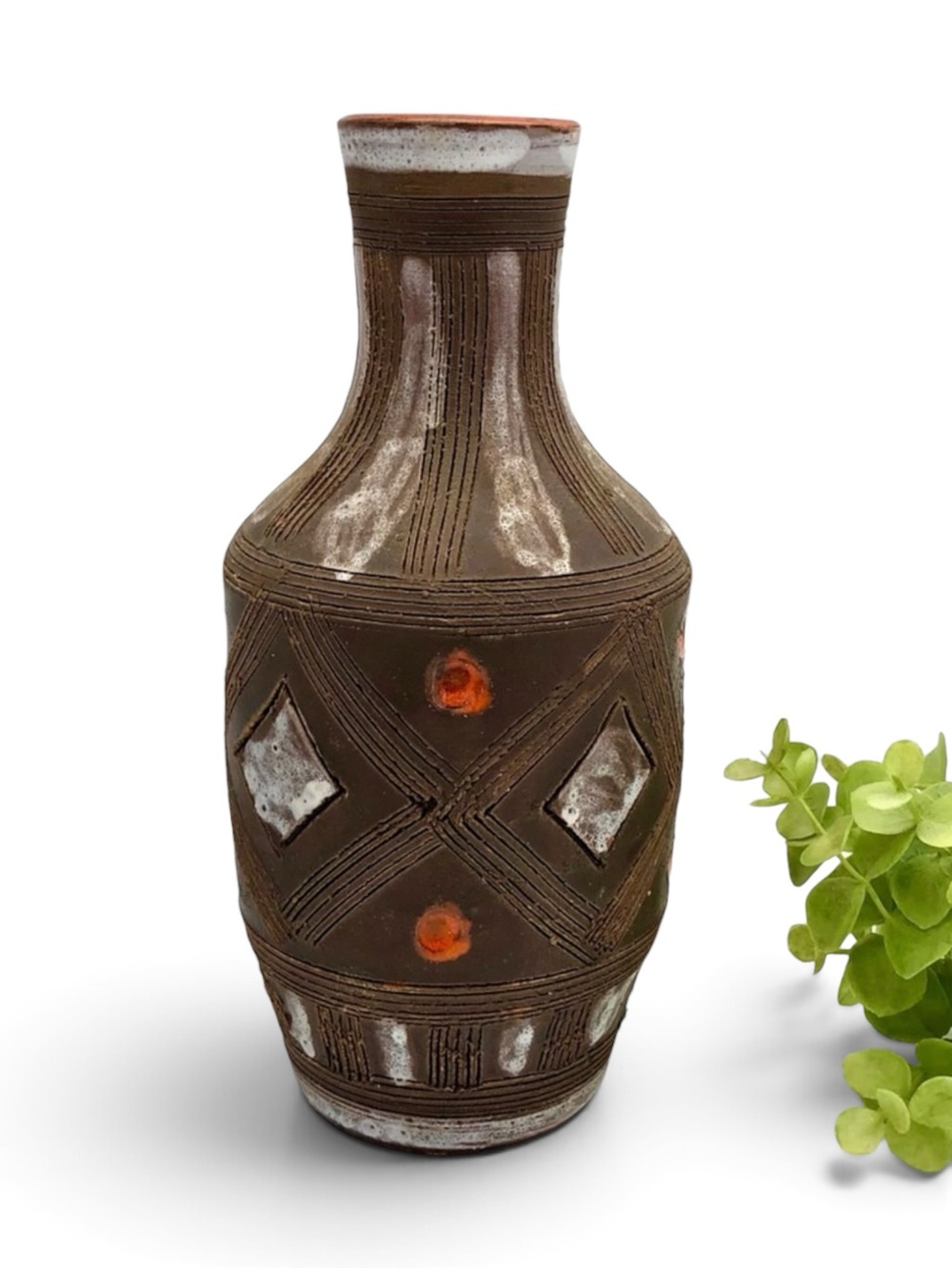 Italian Vase Hand Painted Incised Brutalist Primitive Textured Bottle Bud Italy